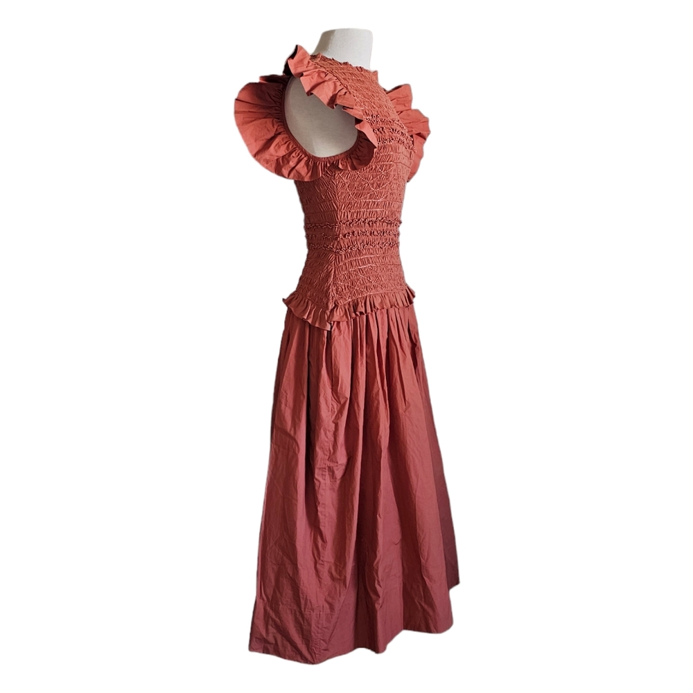 ULLA JOHNSON Madeline smocked cotton-jersey and cotton-poplin midi Dress Size 6 - Picture 3 of 8